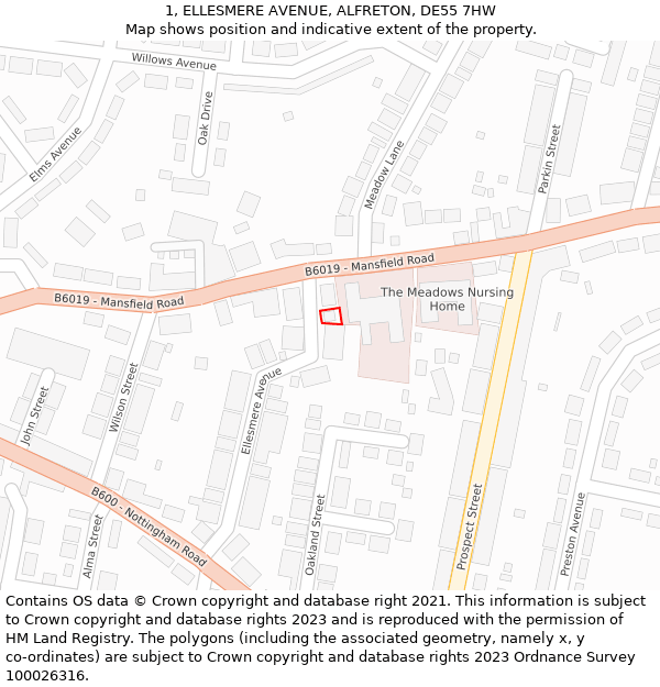 1, ELLESMERE AVENUE, ALFRETON, DE55 7HW: Location map and indicative extent of plot