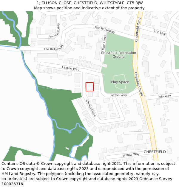1, ELLISON CLOSE, CHESTFIELD, WHITSTABLE, CT5 3JW: Location map and indicative extent of plot