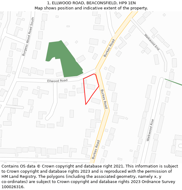 1, ELLWOOD ROAD, BEACONSFIELD, HP9 1EN: Location map and indicative extent of plot