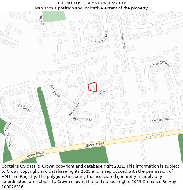 1, ELM CLOSE, BRANDON, IP27 0YR: Location map and indicative extent of plot