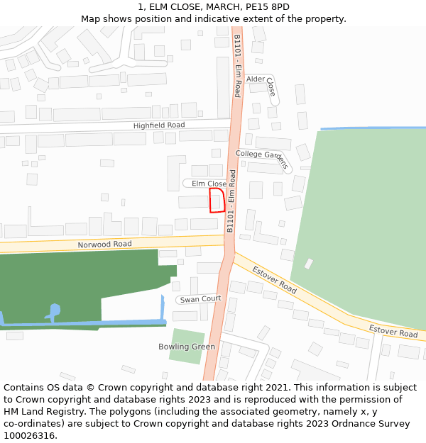 1, ELM CLOSE, MARCH, PE15 8PD: Location map and indicative extent of plot