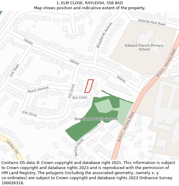 1, ELM CLOSE, RAYLEIGH, SS6 8AD: Location map and indicative extent of plot