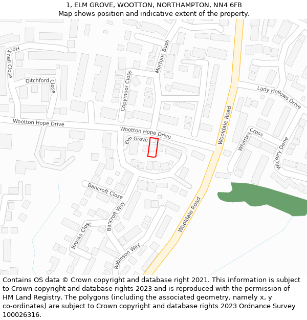 1, ELM GROVE, WOOTTON, NORTHAMPTON, NN4 6FB: Location map and indicative extent of plot