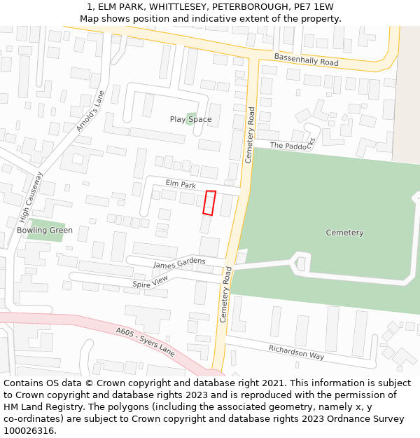 1, ELM PARK, WHITTLESEY, PETERBOROUGH, PE7 1EW: Location map and indicative extent of plot
