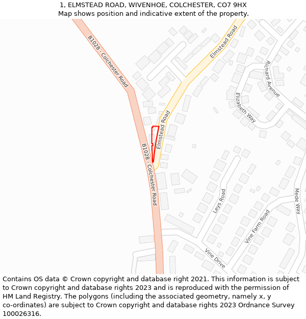 1, ELMSTEAD ROAD, WIVENHOE, COLCHESTER, CO7 9HX: Location map and indicative extent of plot