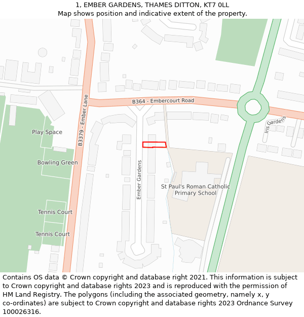 1, EMBER GARDENS, THAMES DITTON, KT7 0LL: Location map and indicative extent of plot