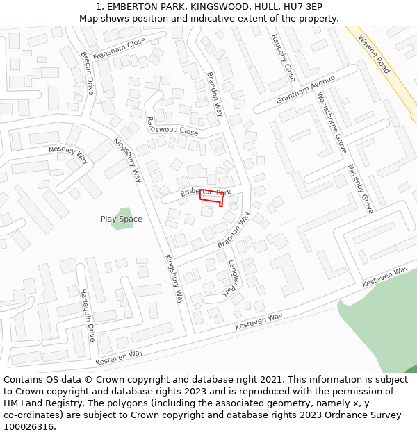 1, EMBERTON PARK, KINGSWOOD, HULL, HU7 3EP: Location map and indicative extent of plot