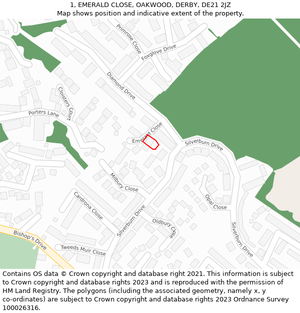 1, EMERALD CLOSE, OAKWOOD, DERBY, DE21 2JZ: Location map and indicative extent of plot