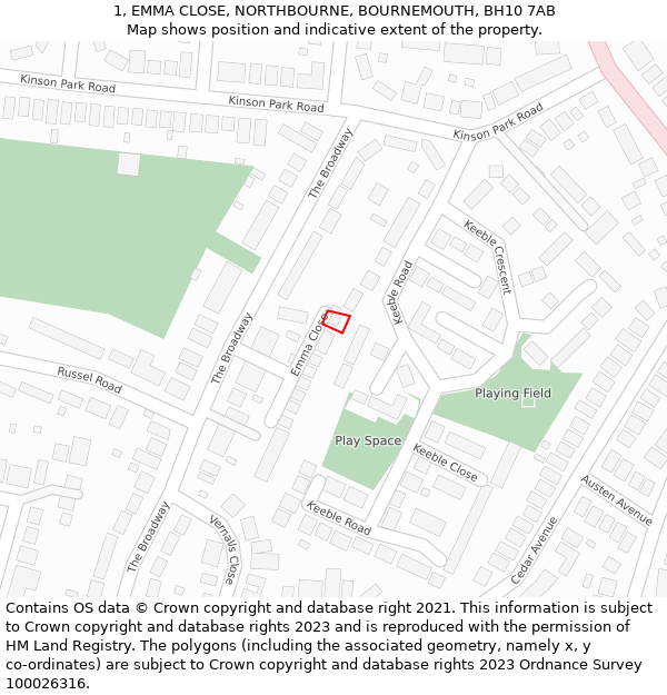 1, EMMA CLOSE, NORTHBOURNE, BOURNEMOUTH, BH10 7AB: Location map and indicative extent of plot