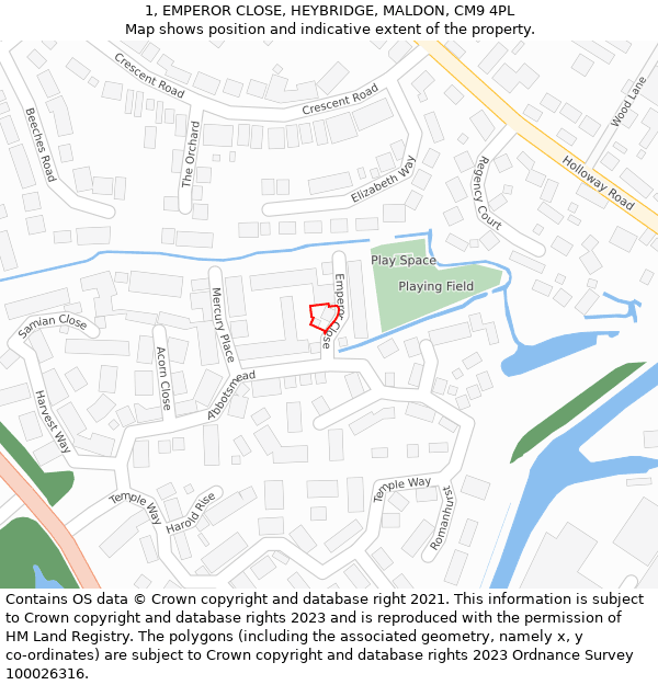 1, EMPEROR CLOSE, HEYBRIDGE, MALDON, CM9 4PL: Location map and indicative extent of plot