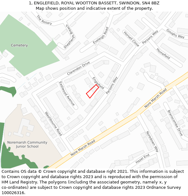 1, ENGLEFIELD, ROYAL WOOTTON BASSETT, SWINDON, SN4 8BZ: Location map and indicative extent of plot