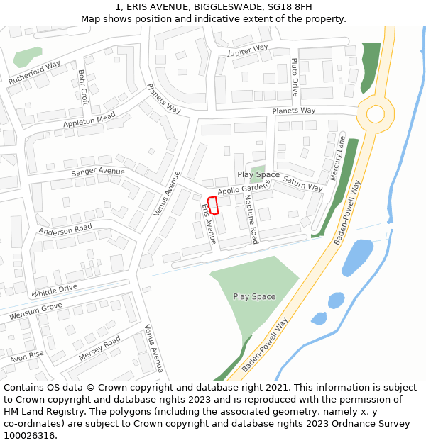 1, ERIS AVENUE, BIGGLESWADE, SG18 8FH: Location map and indicative extent of plot