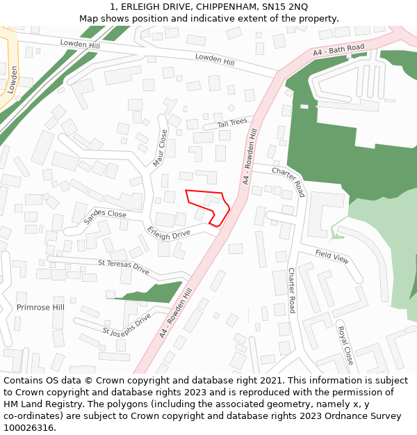1, ERLEIGH DRIVE, CHIPPENHAM, SN15 2NQ: Location map and indicative extent of plot