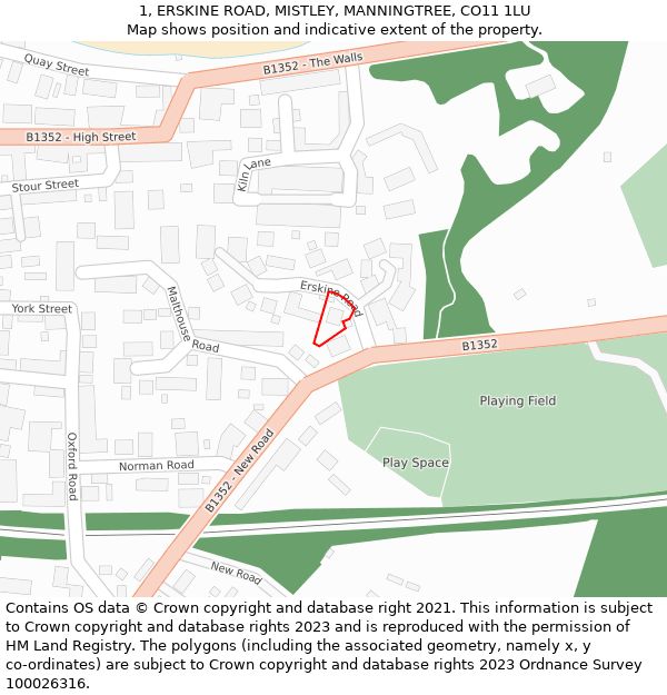 1, ERSKINE ROAD, MISTLEY, MANNINGTREE, CO11 1LU: Location map and indicative extent of plot