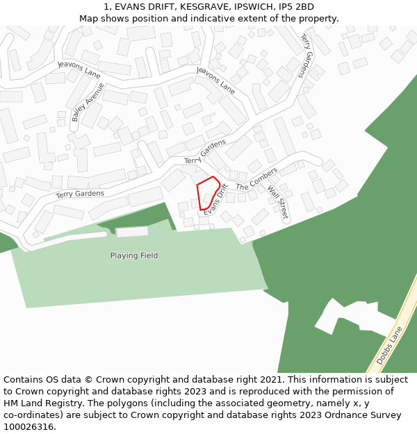 1, EVANS DRIFT, KESGRAVE, IPSWICH, IP5 2BD: Location map and indicative extent of plot