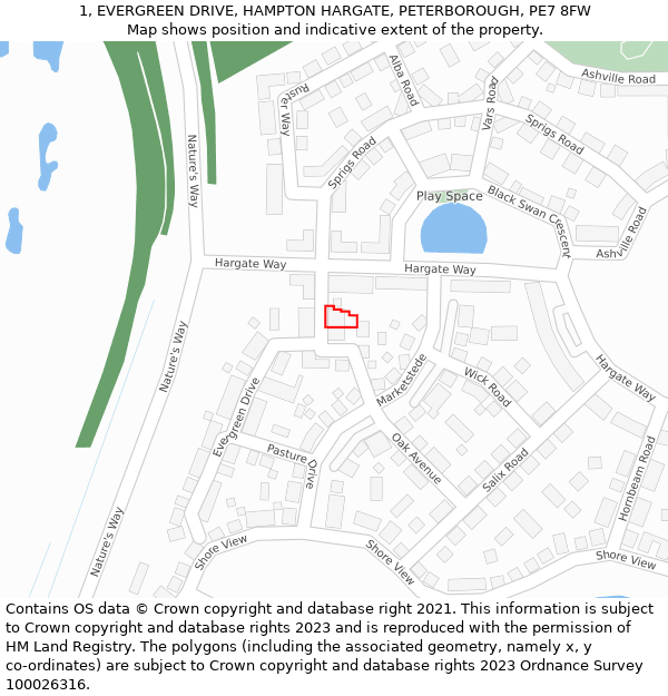 1, EVERGREEN DRIVE, HAMPTON HARGATE, PETERBOROUGH, PE7 8FW: Location map and indicative extent of plot