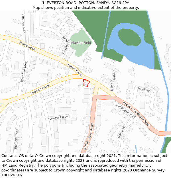1, EVERTON ROAD, POTTON, SANDY, SG19 2PA: Location map and indicative extent of plot
