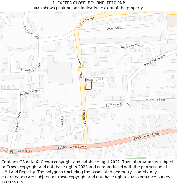 1, EXETER CLOSE, BOURNE, PE10 9NP: Location map and indicative extent of plot