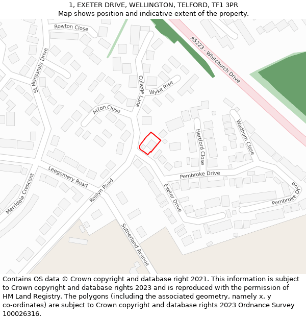 1, EXETER DRIVE, WELLINGTON, TELFORD, TF1 3PR: Location map and indicative extent of plot