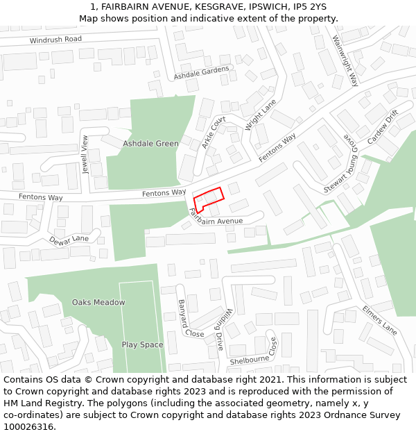 1, FAIRBAIRN AVENUE, KESGRAVE, IPSWICH, IP5 2YS: Location map and indicative extent of plot