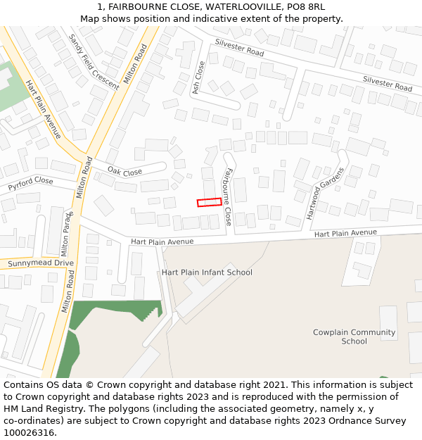 1, FAIRBOURNE CLOSE, WATERLOOVILLE, PO8 8RL: Location map and indicative extent of plot