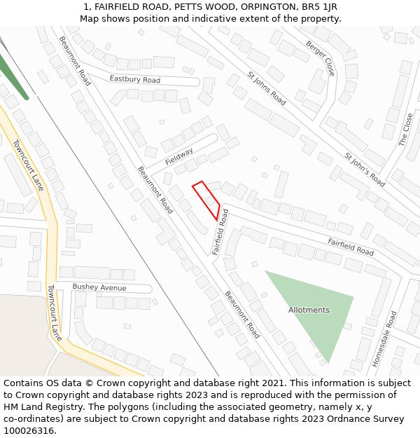 1, FAIRFIELD ROAD, PETTS WOOD, ORPINGTON, BR5 1JR: Location map and indicative extent of plot