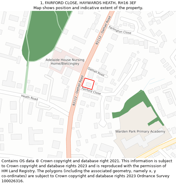 1, FAIRFORD CLOSE, HAYWARDS HEATH, RH16 3EF: Location map and indicative extent of plot