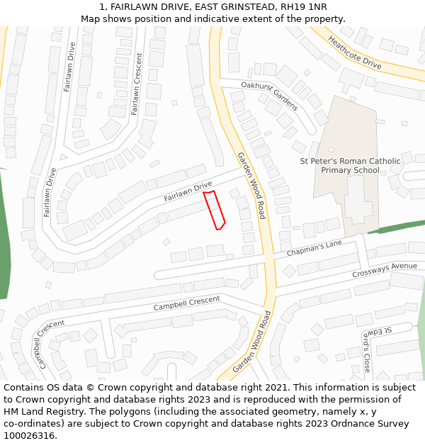 1, FAIRLAWN DRIVE, EAST GRINSTEAD, RH19 1NR: Location map and indicative extent of plot