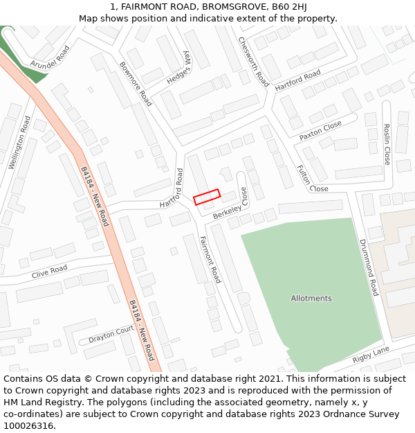 1, FAIRMONT ROAD, BROMSGROVE, B60 2HJ: Location map and indicative extent of plot