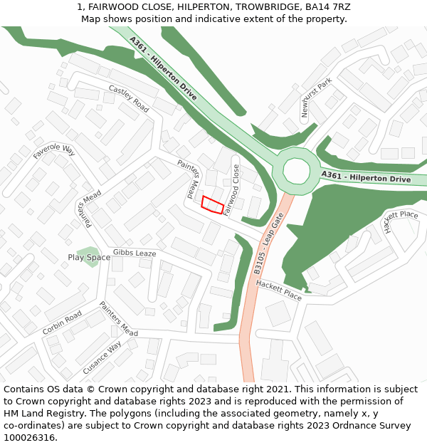 1, FAIRWOOD CLOSE, HILPERTON, TROWBRIDGE, BA14 7RZ: Location map and indicative extent of plot