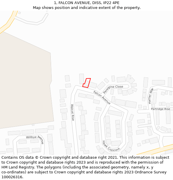1, FALCON AVENUE, DISS, IP22 4PE: Location map and indicative extent of plot