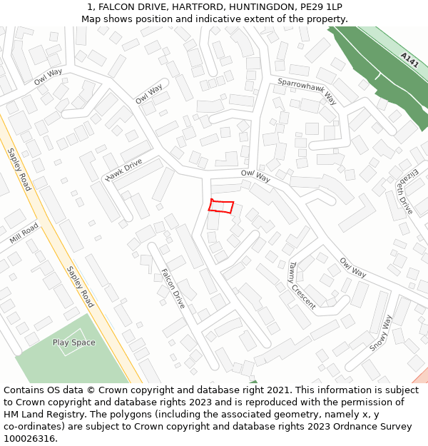 1, FALCON DRIVE, HARTFORD, HUNTINGDON, PE29 1LP: Location map and indicative extent of plot