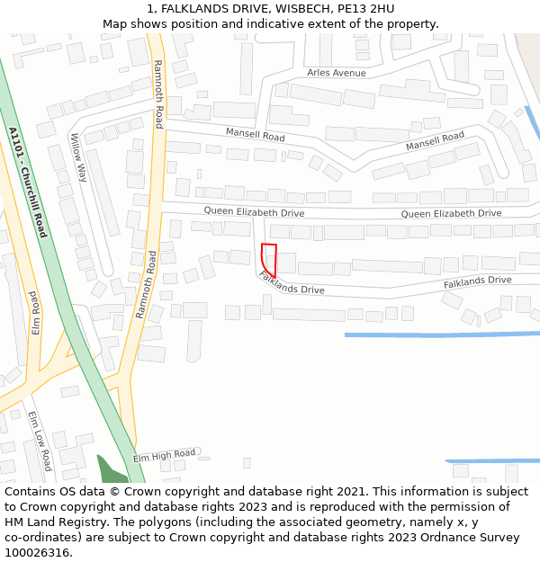 1, FALKLANDS DRIVE, WISBECH, PE13 2HU: Location map and indicative extent of plot