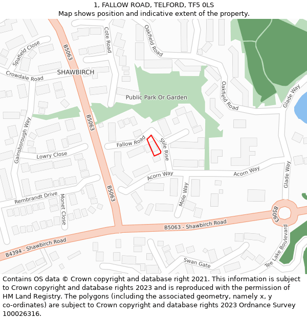 1, FALLOW ROAD, TELFORD, TF5 0LS: Location map and indicative extent of plot