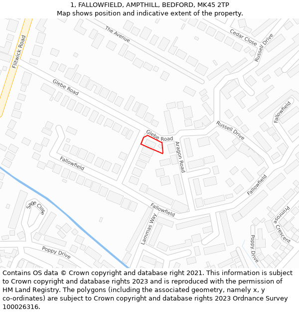 1, FALLOWFIELD, AMPTHILL, BEDFORD, MK45 2TP: Location map and indicative extent of plot