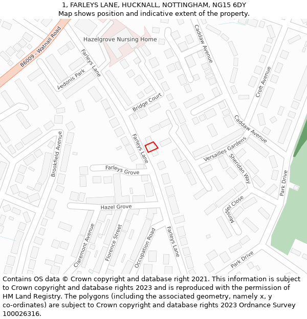 1, FARLEYS LANE, HUCKNALL, NOTTINGHAM, NG15 6DY: Location map and indicative extent of plot