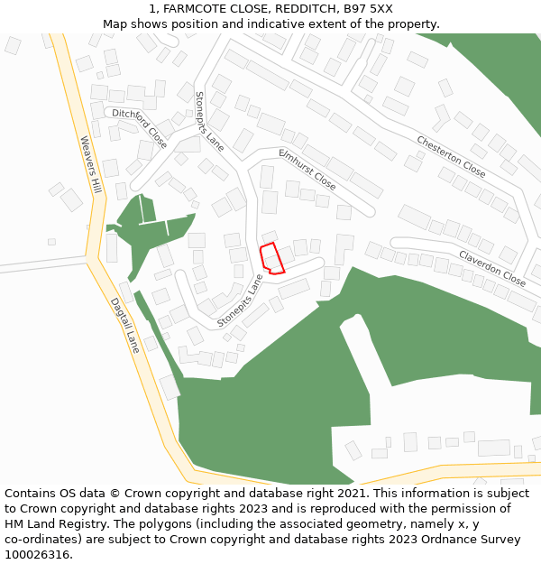 1, FARMCOTE CLOSE, REDDITCH, B97 5XX: Location map and indicative extent of plot
