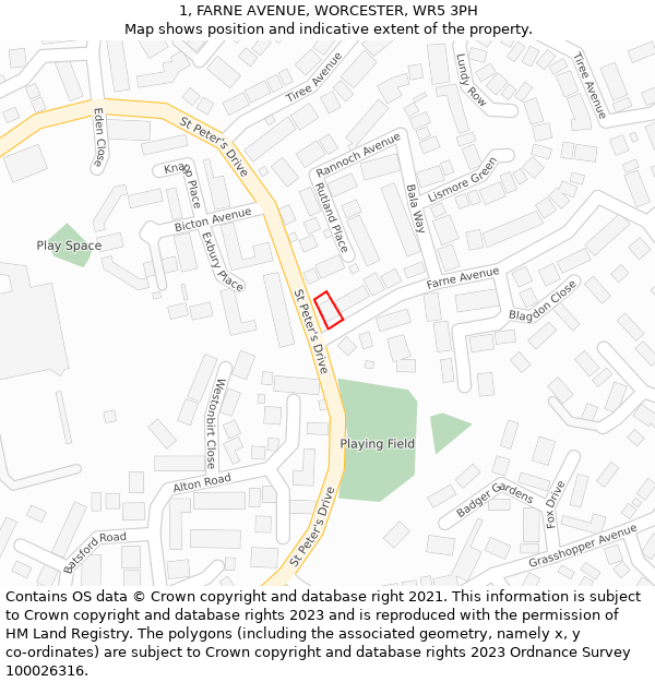 1, FARNE AVENUE, WORCESTER, WR5 3PH: Location map and indicative extent of plot