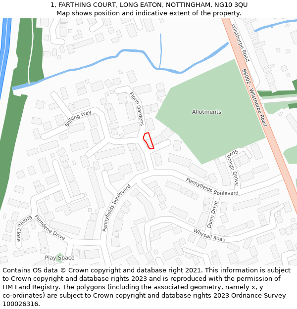 1, FARTHING COURT, LONG EATON, NOTTINGHAM, NG10 3QU: Location map and indicative extent of plot