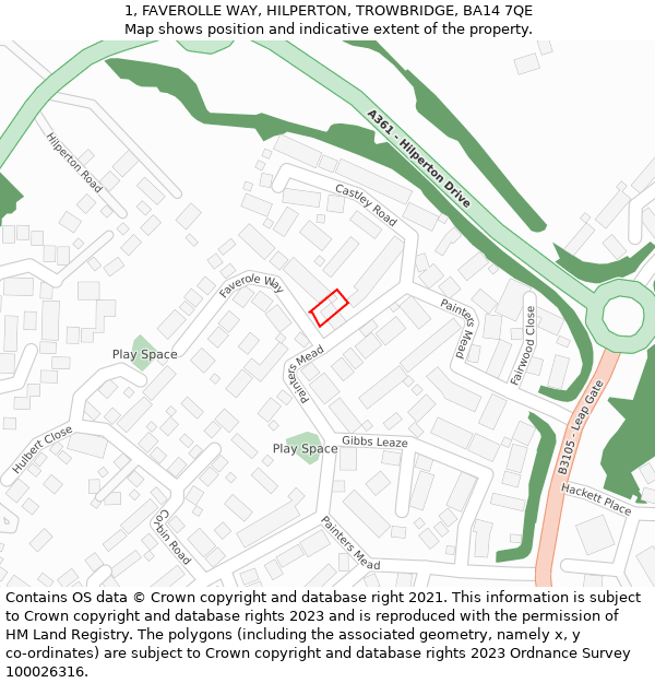 1, FAVEROLLE WAY, HILPERTON, TROWBRIDGE, BA14 7QE: Location map and indicative extent of plot