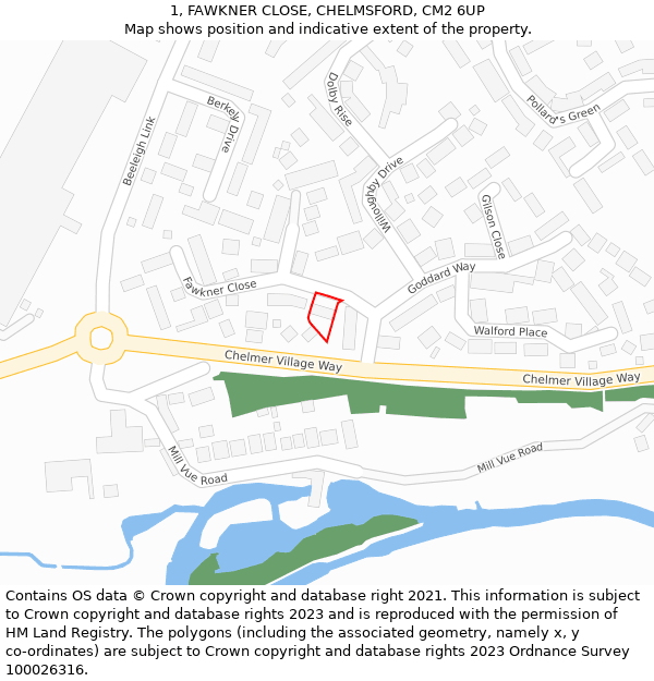 1, FAWKNER CLOSE, CHELMSFORD, CM2 6UP: Location map and indicative extent of plot