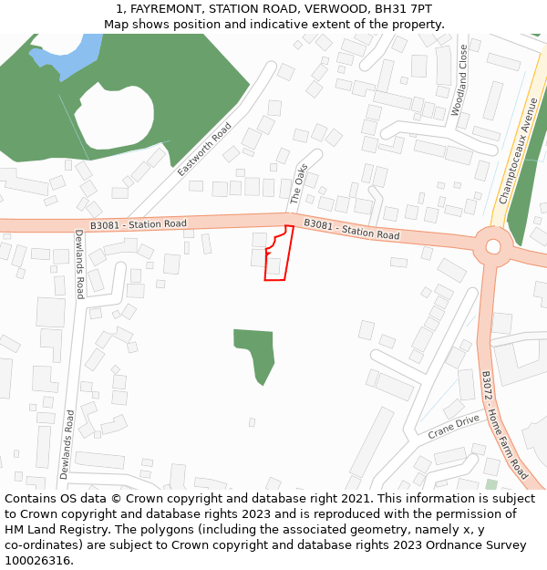 1, FAYREMONT, STATION ROAD, VERWOOD, BH31 7PT: Location map and indicative extent of plot