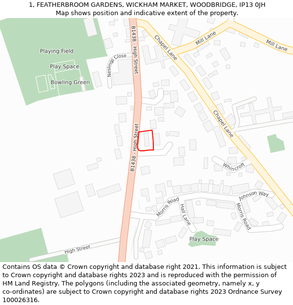 1, FEATHERBROOM GARDENS, WICKHAM MARKET, WOODBRIDGE, IP13 0JH: Location map and indicative extent of plot