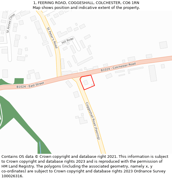 1, FEERING ROAD, COGGESHALL, COLCHESTER, CO6 1RN: Location map and indicative extent of plot