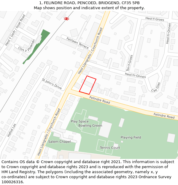 1, FELINDRE ROAD, PENCOED, BRIDGEND, CF35 5PB: Location map and indicative extent of plot