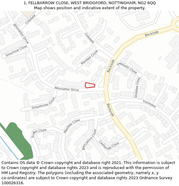 1, FELLBARROW CLOSE, WEST BRIDGFORD, NOTTINGHAM, NG2 6QQ: Location map and indicative extent of plot