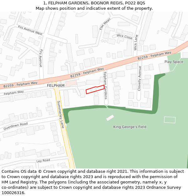 1, FELPHAM GARDENS, BOGNOR REGIS, PO22 8QS: Location map and indicative extent of plot