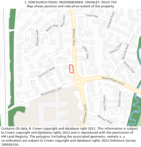1, FENCHURCH ROAD, MAIDENBOWER, CRAWLEY, RH10 7XA: Location map and indicative extent of plot