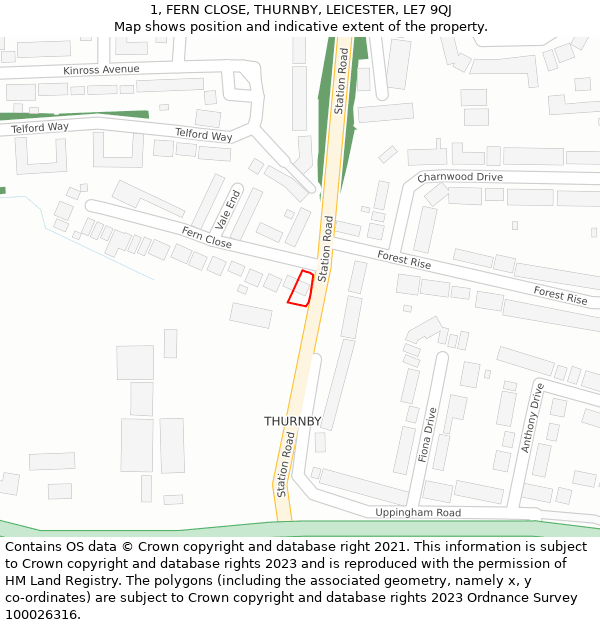 1, FERN CLOSE, THURNBY, LEICESTER, LE7 9QJ: Location map and indicative extent of plot