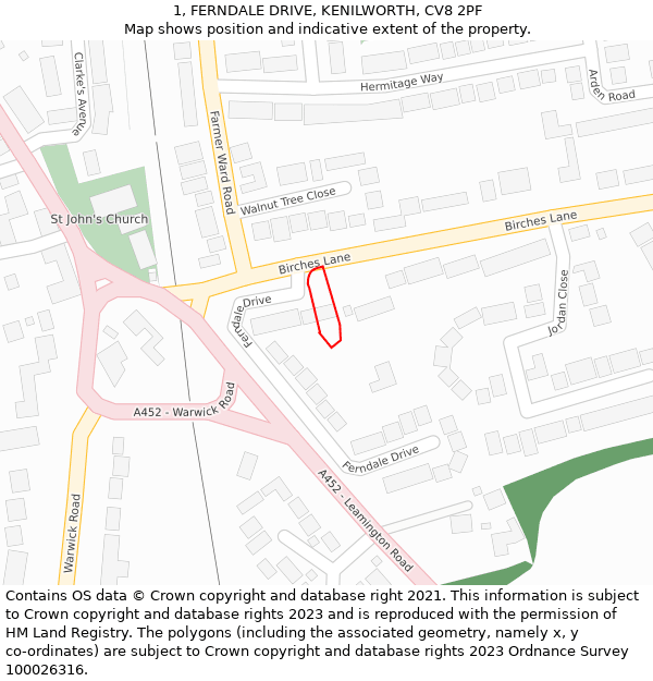 1, FERNDALE DRIVE, KENILWORTH, CV8 2PF: Location map and indicative extent of plot